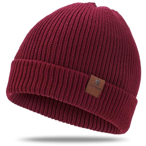 BARFULKER Beanie Mütze Damen Herren, Winter Warm Strickmütze Wintermützen Thermo Laufmützen Dehnbare Weiche Wollmütze mit Bündchen und Dickem Warmem Futter Geschenk Unisex,Rot