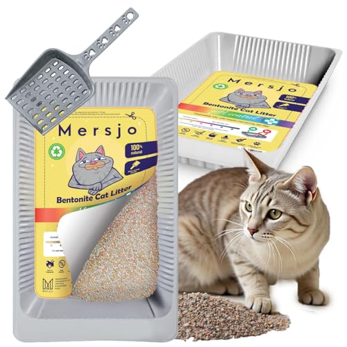 Mersjo Einweg-Katzenklo-Set mit Bentonit-Streu, 2,7l, pH-Indikator für Gesundheitskontrolle, Schale und Kehrblech
