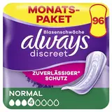 Always Discreet Inkontinenzeinlagen Normal, 96 Binden (4 x 24 Stück) Monatspaket, diskreter Schutz & hohe Saugstärke, geruchsneutralisierend (Verpackung kann variieren)