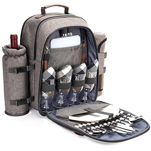 ZORMY Picknick Rucksack Set für 4 Personen mit Kühlfach, Picknicktasche mit Wasserdichter Tasche, Isolierflasche/Weinhalter, Fleecedecke und Besteck für Camping, Geschenke für Paare Hochzeitstag