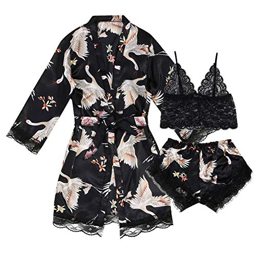 Watopia Zwei Stücke Nachtwäsche Satin Morgenmantel Damen Sexy Kimono Damen Bademantel Kurz V Ausschnitt mit Gürtel und Babydoll Dessous Negligee Nachthemd Damen Sexy für Valentinstag