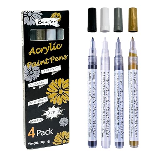 Beager Schwarz Weiß Gold Silber Acrylstifte, 0,7mm Permanent Marker Stifte Wasserfest Lackstift Acrylfarben Stifte Steine Bemalen Stifte für Holz Leinwand Keramik Metall Papier Glas Kunststoff 4Pcs