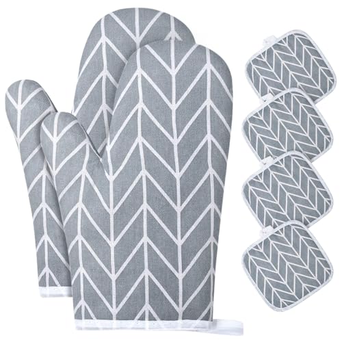 AUAUY 1 Paar Ofenhandschuhe und 4 Topflappen, Baumwolle rutschfeste Topfhandschuhe, Waschbare Backofenhandschuhe, Hitzebeständig [bis 180°C/356°F] Kochhandschuhe zum Kochen Backen Grillen (Grau)
