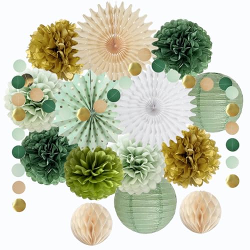Party Deko Salbeigrün Geburtstag Deko Frau Olivgrün Salbeigrün Gold Seidenpapier Pom Poms Papierfächer Kreis Punkte Hängende Schnur Girlande für Hochzeit Babyparty Party Deko
