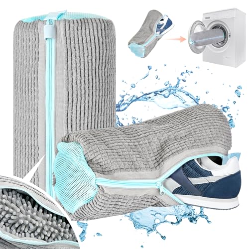 TZEKING 2 Stück Schuhwaschbeutel,39 * 19CM Wäschenetz Wäschesack, Wäschenetz Schuhe mit 360°-Reinigungsflaum, Wiederverwendbare Sneaker Waschbeutel, Schuh Wäschebeutel mit Reißverschlussfür Sneaker