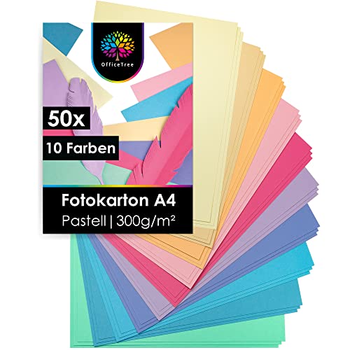 OfficeTree 50 x Tonkarton Pastell A4 - Tonpapier Pastellfarben 300g/m² - 10 Farben - Tonpapier A4 - Fotokarton A4 zum Basteln und Gestalten