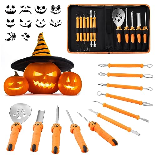 COOLUCK Kürbis Schnitzset mit Vorlagen, 11 Stück Halloween Kürbis Schnitzwerkzeug Carving Set mit Tragetasche und 10 Stück Schnitzvorlagen, Kürbis Schnitzmesser für Kinder & Erwachsene