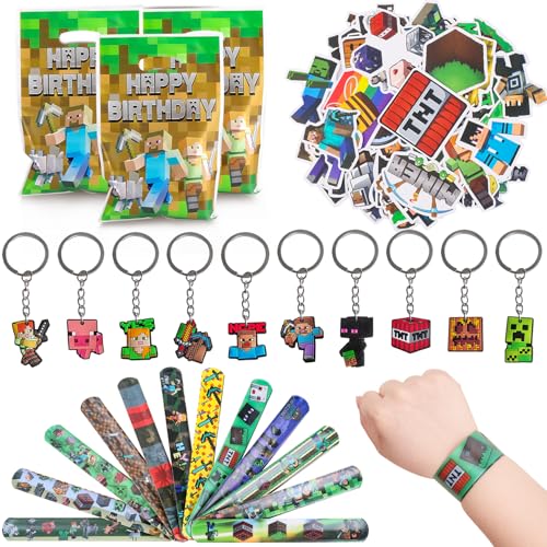 Fzyisw 82 Stück Miner Videospiel Party Mitgebsel 10 Spiel Schlüsselanhänger + 12 Spiel Armband + 50 Spiel Sticker + 10 Spiel Partytüten, Gamer Party Mitgebsel Kindergeburtstag für Kinder