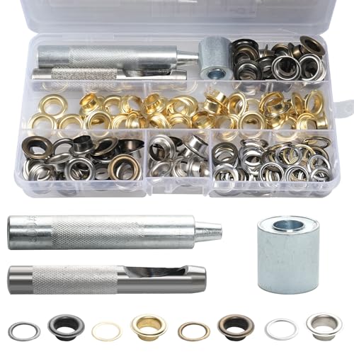 Annickee Ösen Set, 10mm Ösenzange Kit, Ösen Werkzeug Kit inklusive Lochwerkzeug, Montagewerkzeug, Basis, Ösenzange Metallösen, Ösen-Set für Planen/Leder/Gewebe/Vorhang (140 Stücke in 4 Farben)