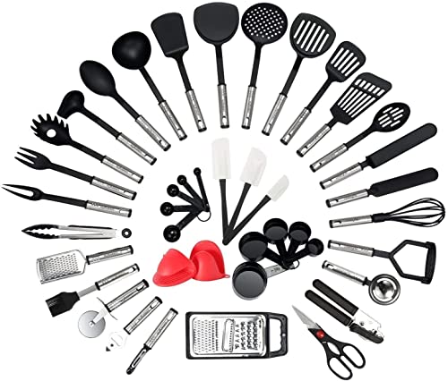 NEXGADGET Küchenhelfer Set, 42 Stücke Küchenzubehör Kochgeschirr aus Edelstahl & Nylon, Küchenutensilien Inkl. Löffel, Turners, Tongs, Schneebesen, Dosenöffner, Schäler, Schaber, Messbecher usw.
