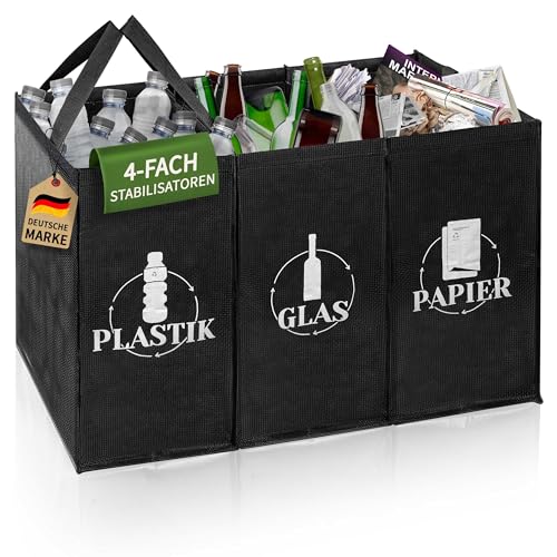 COTTARA® Mülltrennsystem 3fach Plastik, Glas, Papier | Stabiler Stand 4 x Stabilisatoren | Perfekt als Mülltrenner, Pfandflaschen Aufbewahrung, Recycling-System, Altpapier-Sammler | Schwarz