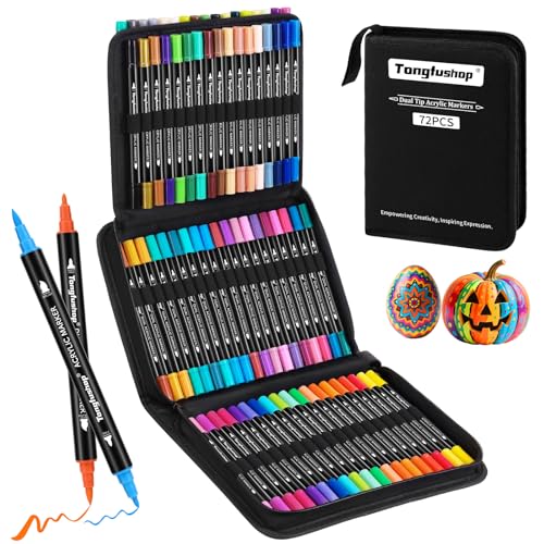 Tongfushop 72 Farben Acrylstifte Set, Doppelspitze Acrylstifte für Steine Wasserfest, Schnelltrocknende Steine Bemalen Acrylic Marker für Glas, Holz, Keramik, Leinwand, Basteln Ostern, Weihnachten.