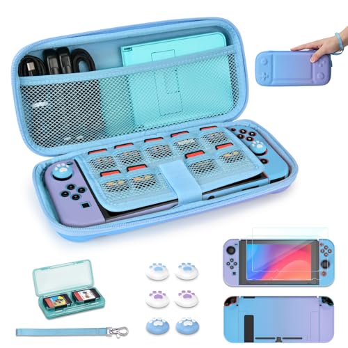 Younik Switch Tasche für Switch 2017 Modell, 14 in 1 Switch Zubehör Bundle mit Switch Tragetasche, schützendes Zubehör für Switch Konsole & J-Con, Game Card Case (Blau und Lila, Knopf Typ）