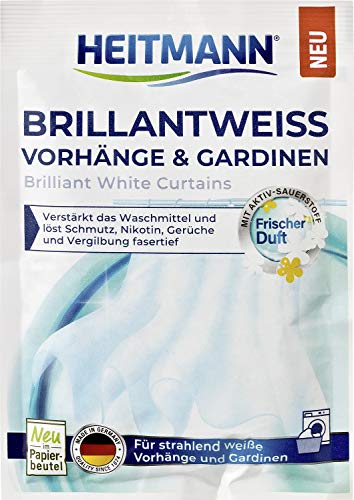 HEITMANN Brillantweiß Vorhänge & Gardinen: Entfernt Grauschleier, Vergilbungen, Schmutz, Nikotin & Gerüche, mit Aktiv-Sauerstoff, ohne optische Aufheller, für strahlend weiße Textilien, 50 g