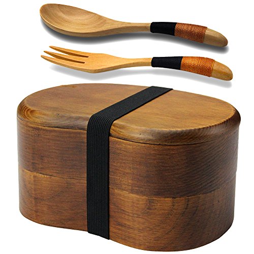 AOOSY Bento Lunch Box, Kids Lunch Box, japanische Bento Box für Erwachsene Sandwich Lunch Container Sushi Box 2-stufige Holz Bento Boxen mit Gabellöffel für Office School Wandercamping