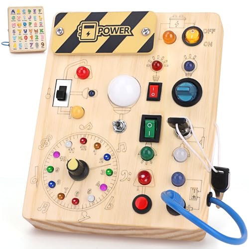 Konijiwa Montessori Spielzeug ab 1 Jahr Busy Board Activity Board Spielzeug ab 2 Jahre Holzspielzeug mit 10 Schalter 23 LED-Leuchten Spielzeug Sensory Learning Toys für 1 2 3 Jahre Jungen und Mädchen