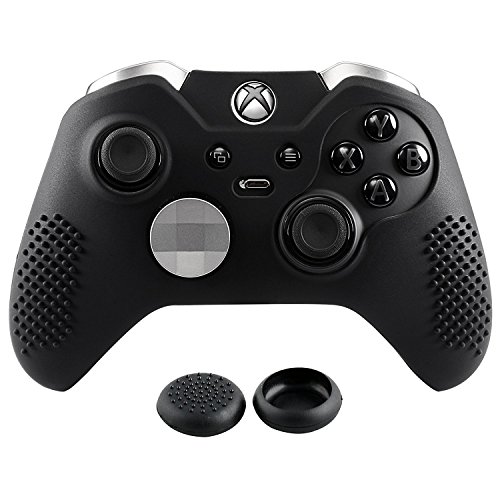 eXtremeRate Silikon Schutzhülle Case für Xbox One Elite Controller, Anti-Rutsch Gummi Hülle & 2 Thumbstick Sticks Kappen Aufsätze für Xbox One Elite Controller Model 1698-Schwarz