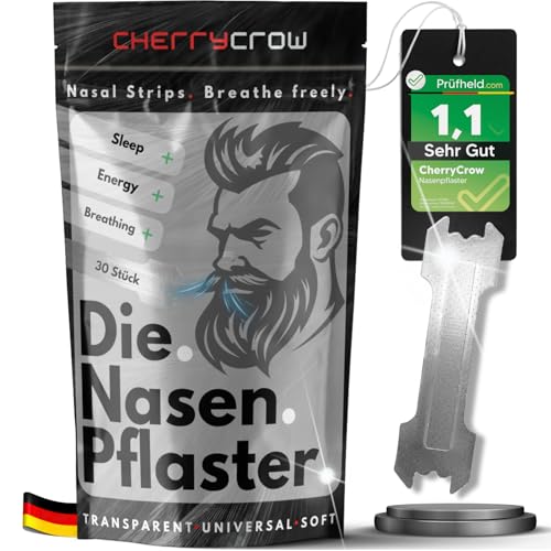 CherryCrow - Die Nasenpflaster | (30 Stück) Premium Transparent Nasal Strips für besseres Atmen 100% Hautverträgliche Pflaster - Leistungsfähigkeit und besserer Schlaf Sport Anti Schnarchen Streifen