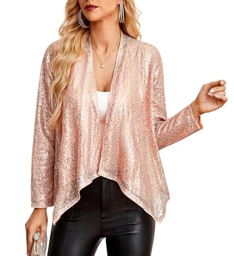 GRACE KARIN Damen Langarm Elegant Jacke Open Front Blazer Jacke Glitzer Pailletten Kimono Cover Up Vintage Shrug Hochzeit Brautjungfer Roségold XL