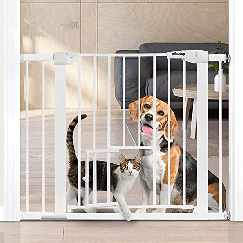 COMOMY Türschutzgitter mit Katzenklappe, 75-103cm Treppenschutzgitter ohne Bohren für Hunde und Katzen, Autoclose, Erweiterbar Türgitter Absperrgitter mit 7cm und 14cm Verlängerungen, Weiß