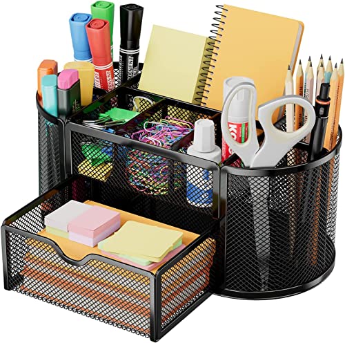 DHGKVK Schreibtisch Organizer,stiftehalter schreibtisch,Mesh Metall Desktop Büro Organizer mit 8 Stifthaltern und 1 Schublade,Es kann effektiv Platz zu Hause, in der Schule oder im Büro sparen.