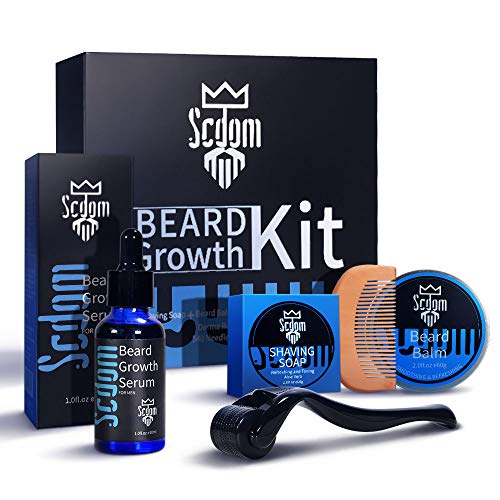 Gesichtsbehaarung Wachsen Kit, Scdom Bartwuchs Kit mit Titanium Derma Roller + Bartwuchs-Serum-Öl + Bartbalsam + Bartreinigungsseife + Kamm, Bartpflege-Set Bestes Geschenk für Männer/Vater