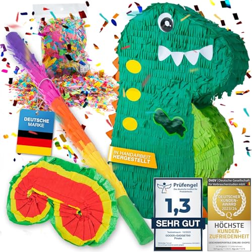 Pinata Party-Dekoration zum Befüllen XXL Set mit Konfetti, Stab & Maske; Auffüllen mit Süßigkeiten für Kinder-Geburtstag Hochzeit Party Feiern (Dino + Stab & Augenmaske)