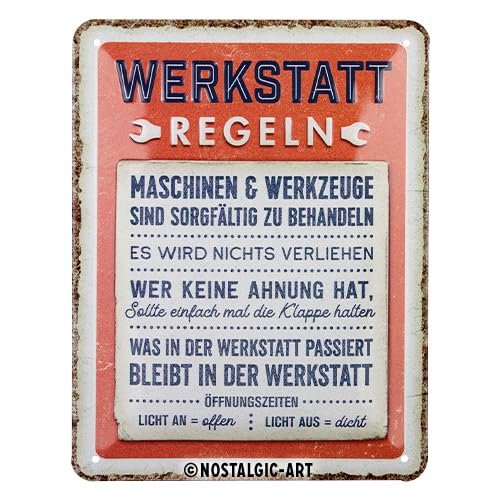 Nostalgic-Art Retro Blechschild, 15 x 20 cm, Werkstattregeln – Geschenk-Idee für Handwerker, aus Metall, Werkstatt-Deko im Vintage Design mit Spruch, Blechschilder Sprüche