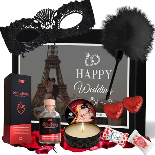 Zweisamkeit Box für Paare ohne Kitsch Hochzeitsbox HAPPY WEDDING Liebesbox Geschenk für Paare Massageöl Feder Massagekerze Rosenblätter Massagebox Hochzeitstag Jahrestag Jubiläum