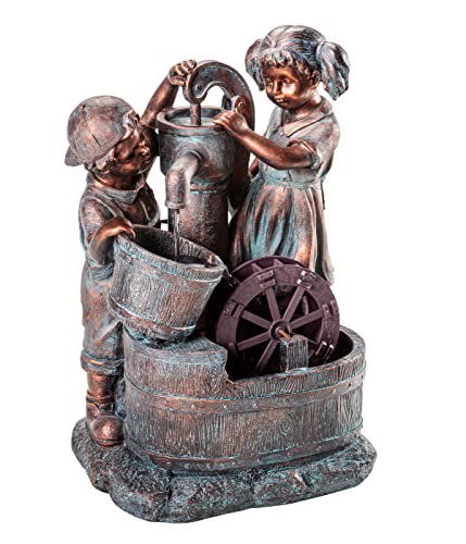 Dehner Gartenbrunnen Lea und Leon mit LED Beleuchtung, ca. 68.5 x 45 x 35 cm, Polyresin, grün/blau/braun