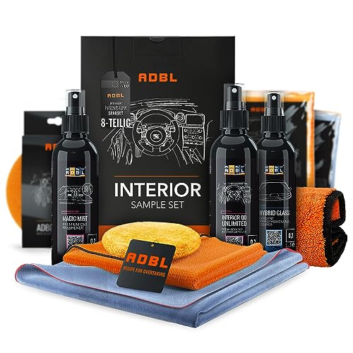 ADBL Autopflege Set: Interior Experience Set Autoreinigungsset Innenpflege - Innenreiniger Glasreiniger Innenraumduft Lufterfrischer Handpolierschwamm Mikrofasertuch Reinigungstuch | 8-teilig