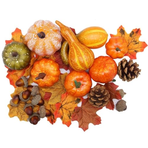 Herbstdeko Kürbis 50 Stück Künstlichen Kürbisse Ahornblättern Tannenzapfen Dekoration Sets Herbst Dekoration Mini Zierkürbisse Streudeko Desktopdeko für Thanksgiving Halloween Party Dekor (Orange)