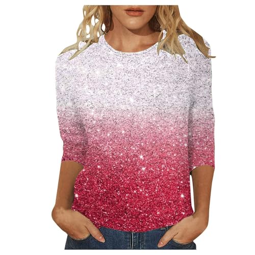 Weihnachtsshirt Damen Glitzer, Bluse Festlich Elegant, 3/4 Ärmel Blusen Funkelndes Drucken Festliche Oberteile Elegant Glitzershirt Fashion Shirt Vintage Faschingskostüme Silvester Geschenke