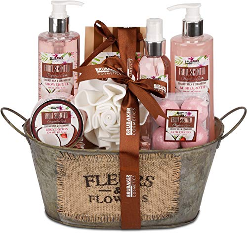 BRUBAKER Cosmetics Bade- und Dusch Set Kokosnuss & Erdbeer Duft - 10-teiliges Geschenkset in Vintage Wanne