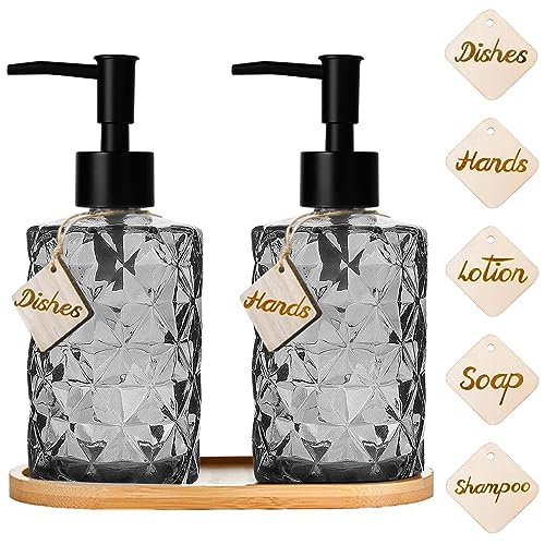 2er Glas Spülmittelspender,Vintage Seifenspender Schwarz mit Tablett,Seifenspender Set Handseifenspender Duschgel Spender für Küche Bad Shampoo Lotion