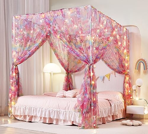 Mengersi Einhorn-Betthimmel für Mädchen, Bettvorhang mit Lichtern, Netz, Prinzessinnen-Himmel für Mädchenzimmer, für Twinsize-Bett