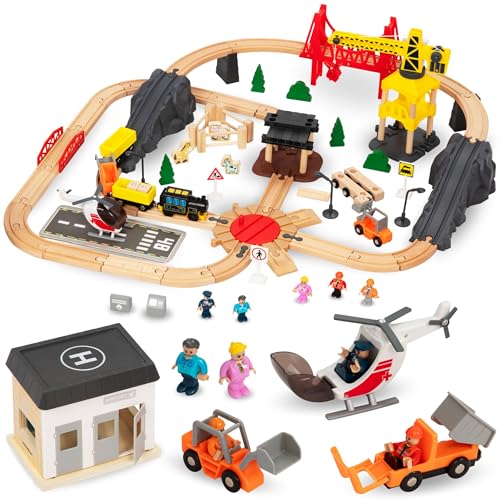 Mamabrum Holzeisenbahn Batteriezug Set - Stadt mit Flugterminal, Kran, Züge, Figuren, Spuren & Leuchtsignale - Magnetisches Spielset für Kinder (48 Teile)