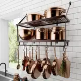KES Ölbronze Doppel Küchenregal Pfannenhalter Küchenutensilienhalter Küche Pfannenhalter mit 12 Haken Hängeregal Pfanne Topf Wandregal 75CM Wandmontage, KUR215S75B-OB