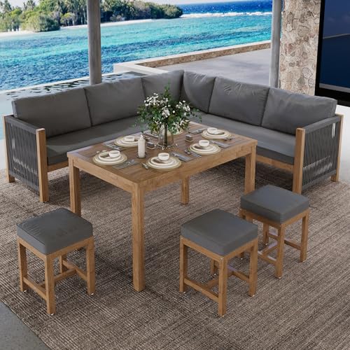 Miyemo Gartenmöbel Set, Garten-Essgruppe mit Kissen, Balkon Möbel, Lounge Möbel Outdoor für 7–8 Personen, Ecksofa, Terassenmöbel Außen, mit Sofa, 3 Hocker und 1 Tisch, Akazie, Grau+Natur