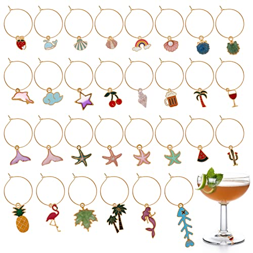 30 Stück Weinglas Anhänger, Ozean Thema Glasmarkierer Weinglas Charms Anhänger mit Aufbewahrungstasche, Glas Identifikation Getränke Markierungen für Cocktail, Gastgeschenke, Party Glas Marker