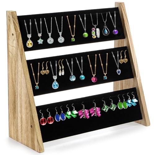 Acshio 3-stöckiger Halskettenständer, Holz-Halskettenhalter mit Samt, 72 Schlitze, Tisch-Schmuckständer, Aufbewahrung für den Verkauf von Armbändern, Ohrringen, Heimgeschäft, Messe