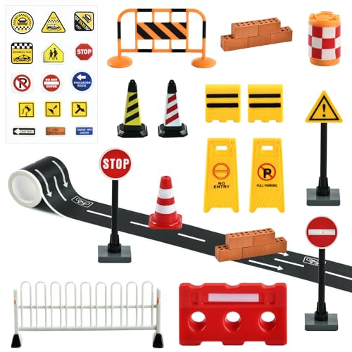 26 Stück Miniatur verkehrsschilder Spielzeug,Wichtel Baustelle Set,Verkehrsschilder Kinder,Mini straßenschilder,Straßensperre Spielzeug,Verkehr straßenschilder Spielzeug