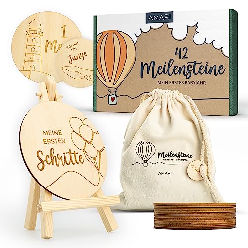 AMARI ® Meilensteinkarten Baby aus Holz - 42 Meilensteine auf Holztafeln - Babyparty Geschenk - Baby Monatskarten - Meilenstein Baby - Babyshowerparty Geschenk - Babykarten