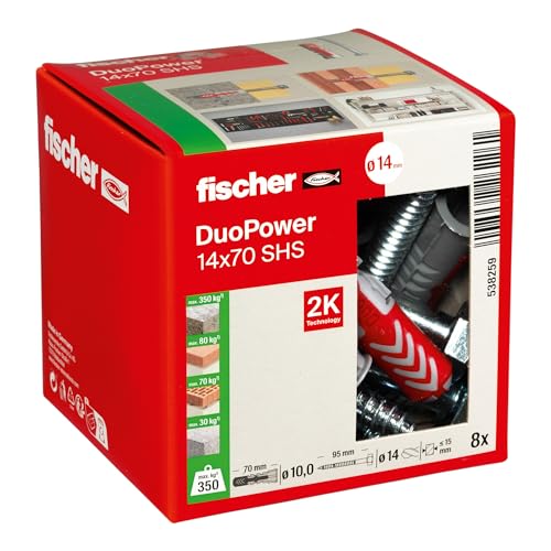 fischer DUOPOWER 14 x 70 S, Universaldübel mit Sicherheitsschraube, 2-Komponenten-Dübel, Kunststoffdübel zur Befestigung in Beton, Ziegeln, Stein uvm., 8 Dübel + 8 Schrauben