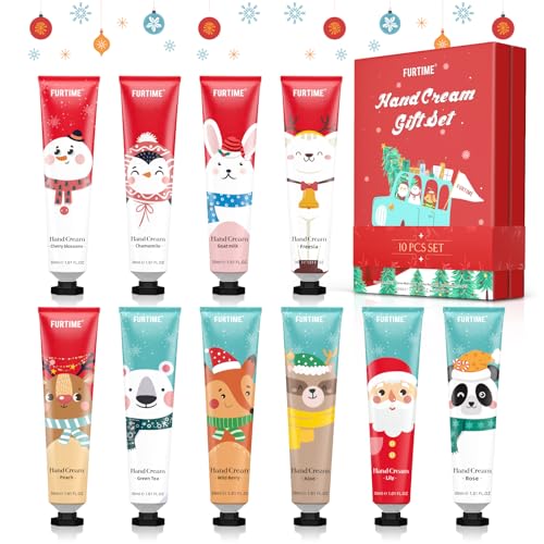 FURTIME Handcreme Mini Set, 10 Pack Handcreme Mini Weihnachten für Sehr Trockene Hände, Weihnachtsgeschenke, Kleine Geschenkset für Frauen und Männer, Hände Fuß Feuchtigkeitscreme