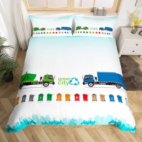 Sezhiqeu Müllabfuhr-Fahrzeug Bettwäsche 135x200, 3D Muster Weich Kuschelig Mikrofaser Bettwäsche Set Cartoon-Autos Bettbezug + 2 Kissenbezug 80x80 cm mit Reißverschluss A5987