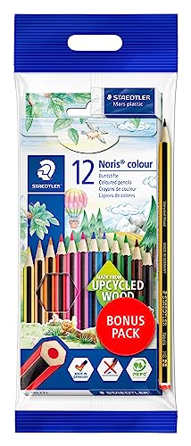 STAEDTLER Buntstifte Noris colour, rutschfeste Soft-Oberfläche, hohe Bruchfestigkeit, Made form Upcycled Wood, Set mit 12 brillanten Farben, Bonuspack mit Radierer und Bleistift, 61 SET6