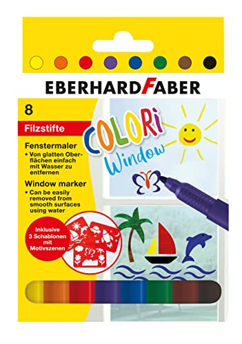 Eberhard Faber 550022 - Window Marker Colori, 8 Fensterstifte abwaschbar, inkl. 3 Schablonen