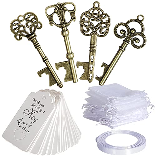 40 Stück Flaschenöffner mit Vintage-Schlüssel und Begleitkarte, Organzabeutel und Band für Hochzeitsfeier, Gastgeschenke, rustikale Dekoration (40pcs-Bronze)