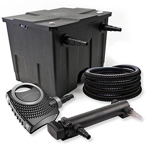 SunSun Komplettset: CBF-350 Teichfilter bis 12000 L Teichfilteranlage als Durchlauffilter, CTF-8000 SuperECO Teichpumpe 8000l/h 70W, CUV-336 Teichklärer UVC Klärer mit 36W, 25m Teichschlauch 25 mm